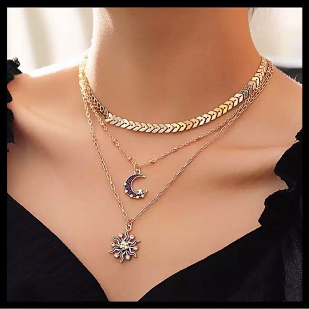 New Gold crystal acrylic sun & moon celestial boho hippie 2 pc necklace